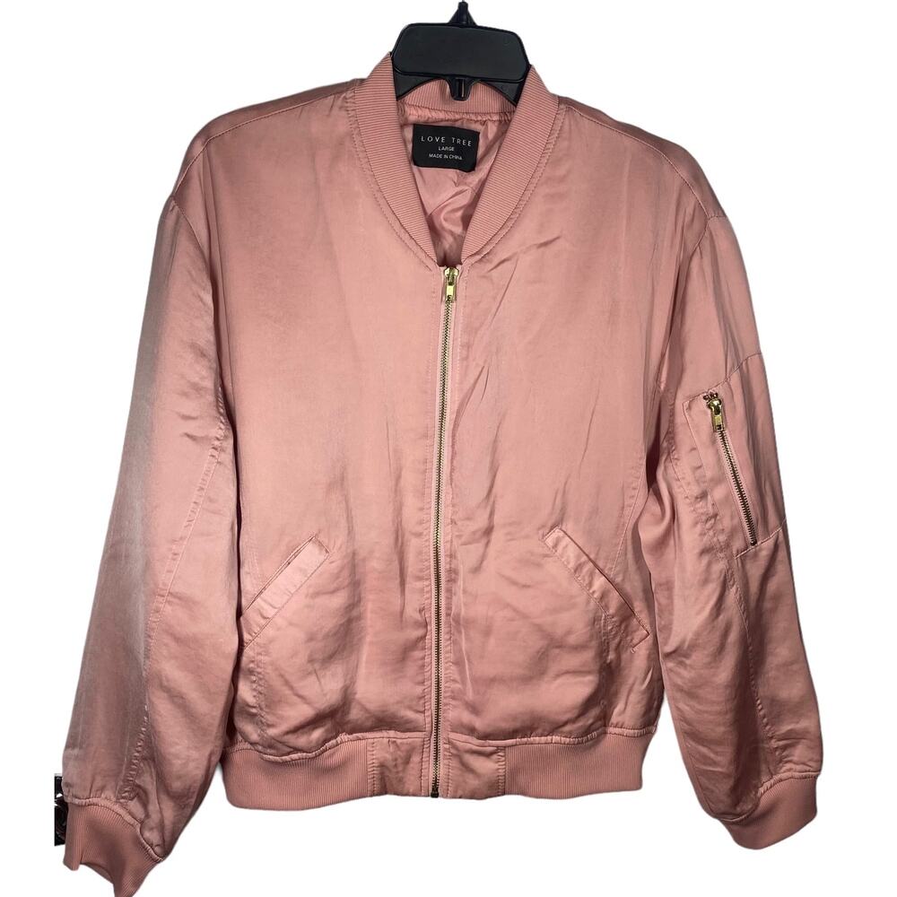 Love Tree Shiny Zip Up Bomber Jacket Pink Sheen Womens Size Large - Picture 3 of 15